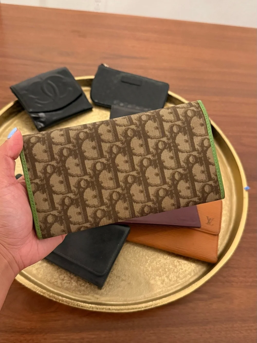 Dior Brown Monogram Canvas Wallet with Green Trim